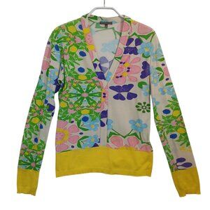 Scaglione Italy V Neck Sweater Top Yellow Floral Print Long Sleeve Pullover Sm